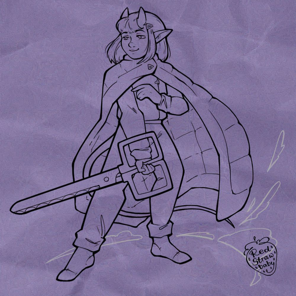 The same character but in its line art stage. The textures are better defined and the cloak now shows to be a big douvet. The character is wearing socks and loose fitting clothing with exaggerated folds.