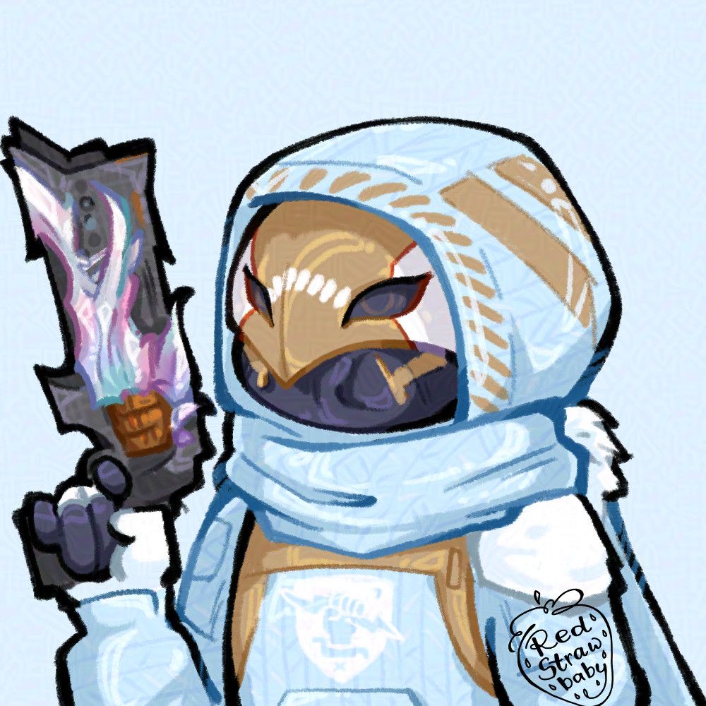 A digital drawing of a Destiny 2 hunter in light blue and gold armour, holding the irridescent ornamented Thorn.