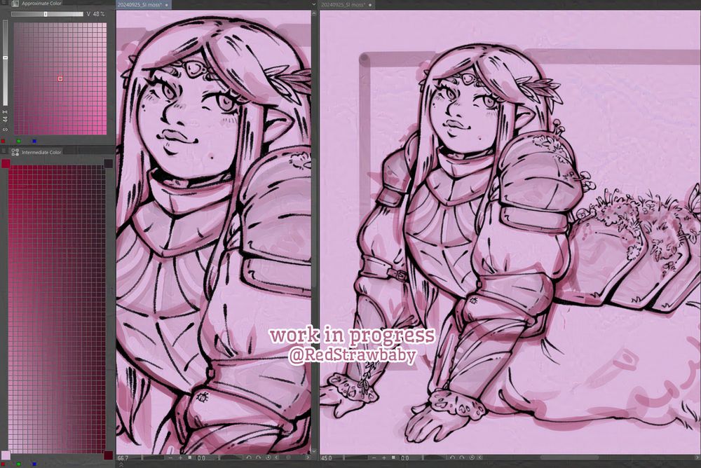 A screenshot of a Clip Studio Paint layout, the artpiece displayed is unfinished lineart and it's on the page twice, zoomed in on the face and zoomed out to show half of the body. The illustration is of a halfling woman with long hair and kind eyes, she is wearing armour and leaning to one side with flowers, moss and fern growing on her armour pieces.