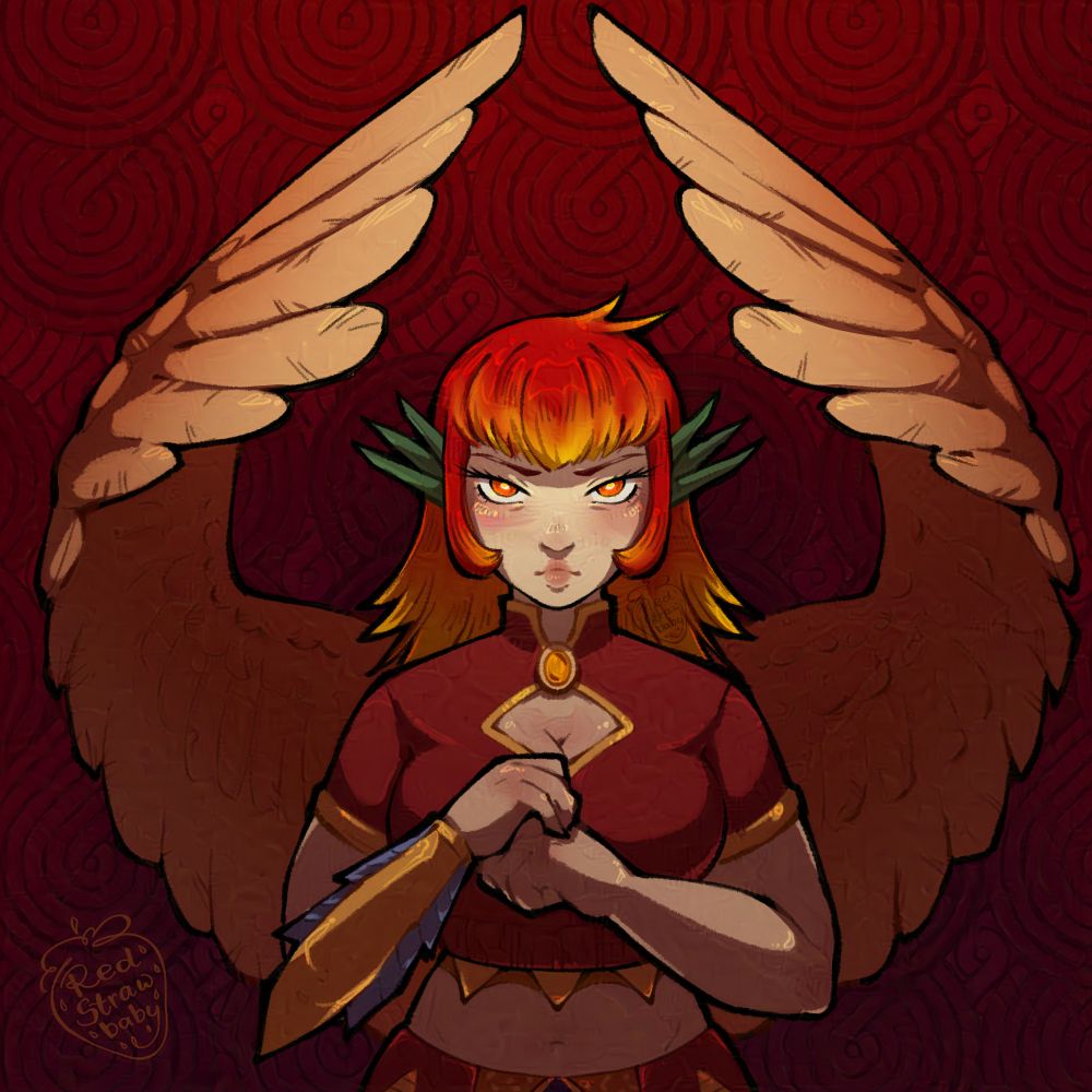 A waist up digital illustration of a humanoid bird dragon character. They're flexing their arms and cracking their knuckles, their wings are curling over and in front of them and they have an intense look on their face.