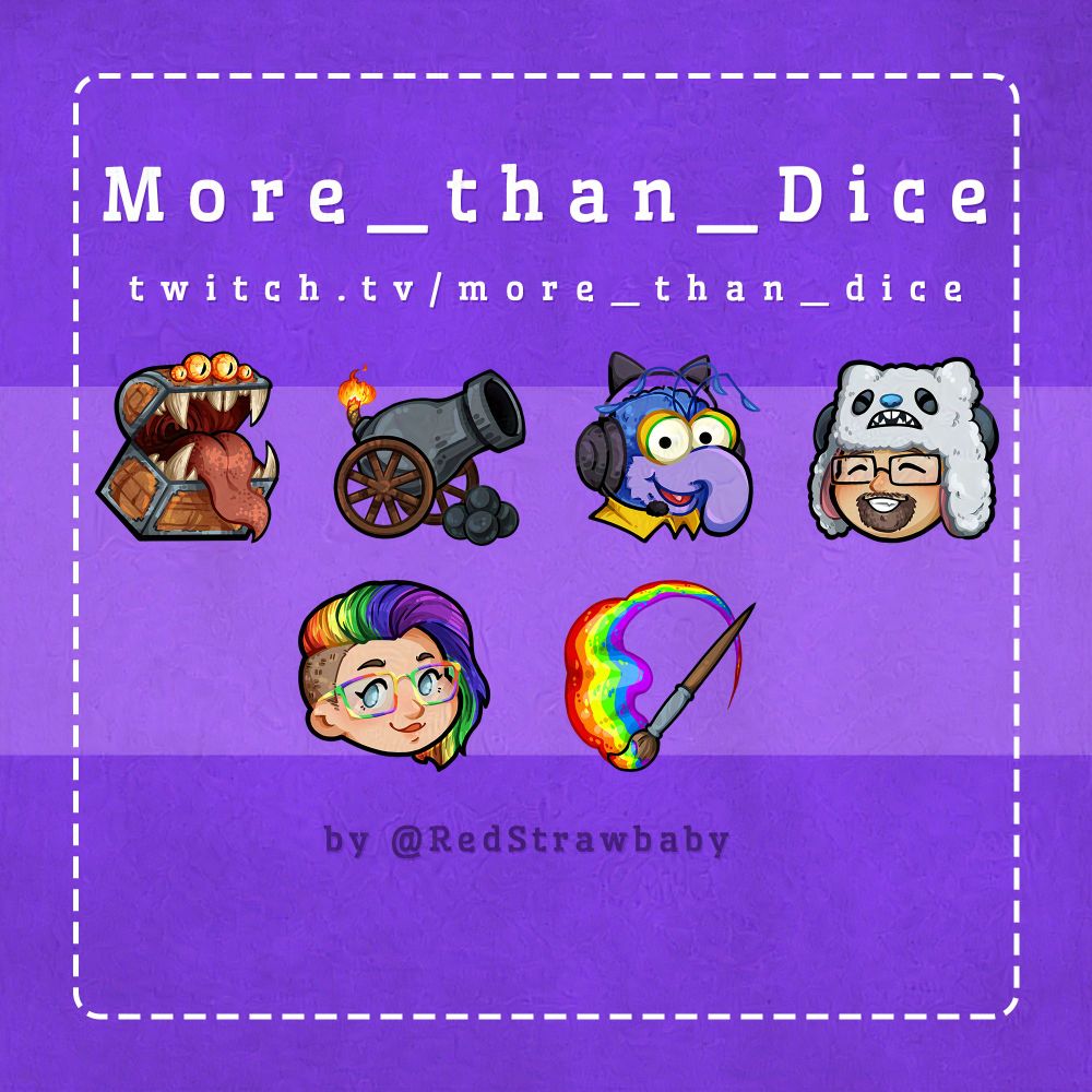 Multiple emotes over purple background. The emotes are as follows: a classic chest mimic; a canon; Gonzo from Sesame Street with a kitty headset; a chubby man with glasses and a yeti hat; a woman with rainbow hair and sunglasses; a paintbrush with a rainbow paint stroke.