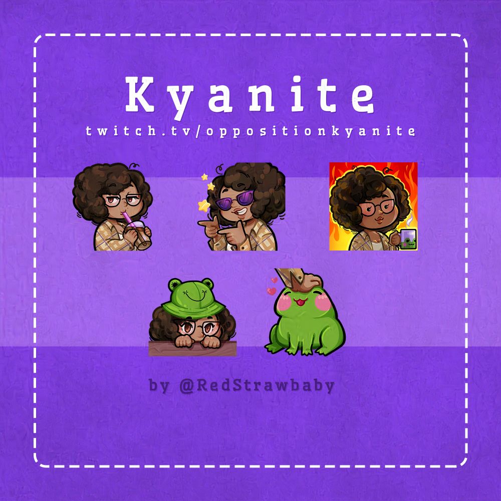 Several emotes over purple background, most emotes illustrate a curly haired woman. The emotes are: sipping coffee with side eyes; fingerguns with sparkles and sunglasses; this is fine but its the curly haired woman instead of the dog; the curly haired woman peeking up from behind her desk, she's wearing an ill fitting frog hat; a happy chubby frog getting headpats.