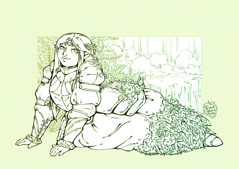 A digital drawing of a woman with pointed ears and long hair half laying down. She's wearing armour with a billowing dress underneath. There is moss and grass growing on parts of her armour and it completely envelopes the bottom of her dress, but she looks content with it. The background is a waterfall and some ferns.