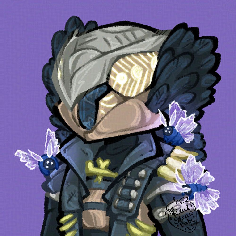 A digital drawing of a Destiny 2 warlock in black and gold robes. There are multiple little crystal moths sitting on their shoulders.