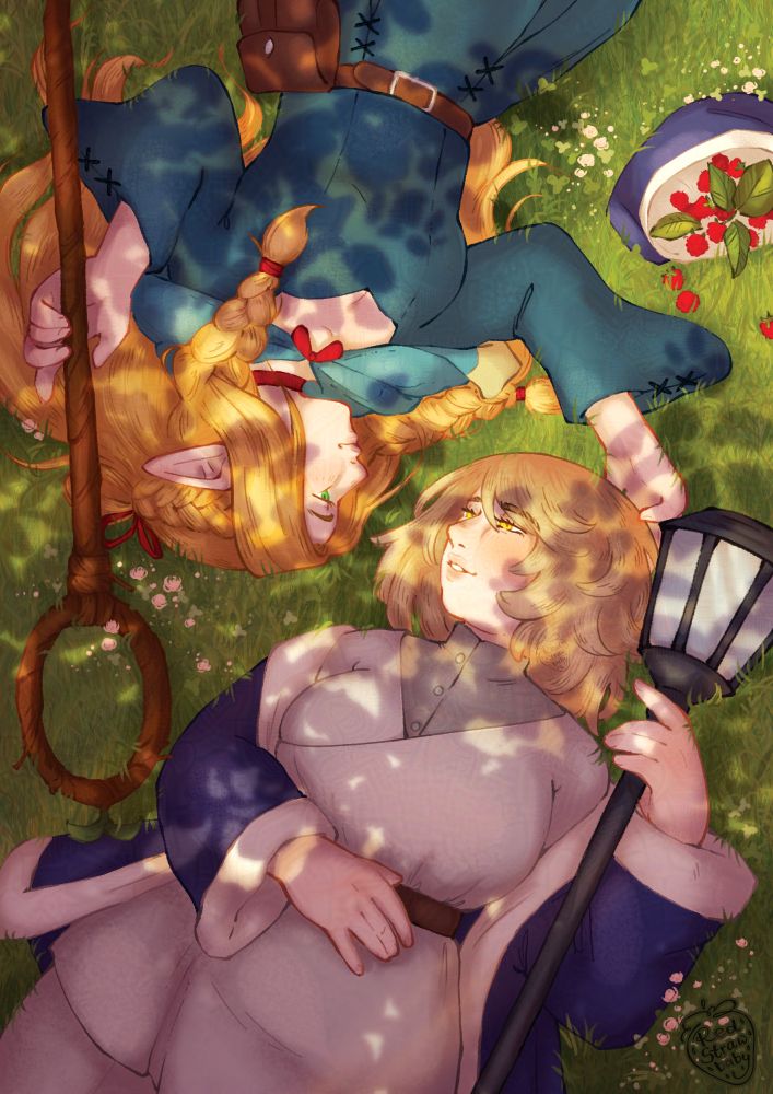 A digital illustration of Falin and Marcille from Delicious in Dungeon. They're laying in grass with a soft tree shade over them, both holding their staffs and looking at eachother. Marcille is smiling as she reaches for the back of Falins head, and Falin has her lips slighty parted as she looks at Marcille.
