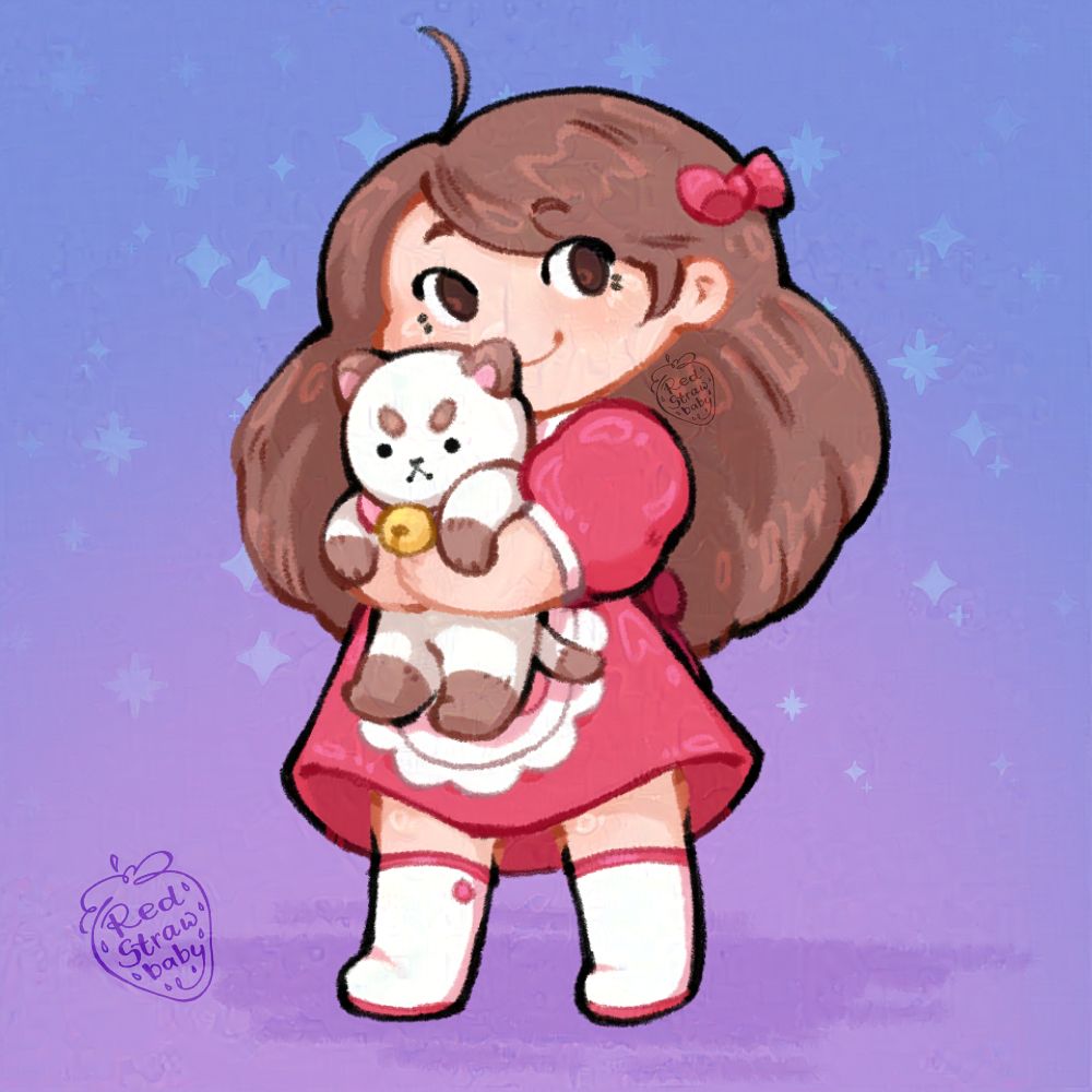 A digital chibi drawing of Bee holding Puppycat. Bee is wearing her cat cafe uniform and Puppycat looks kinda annoyed.