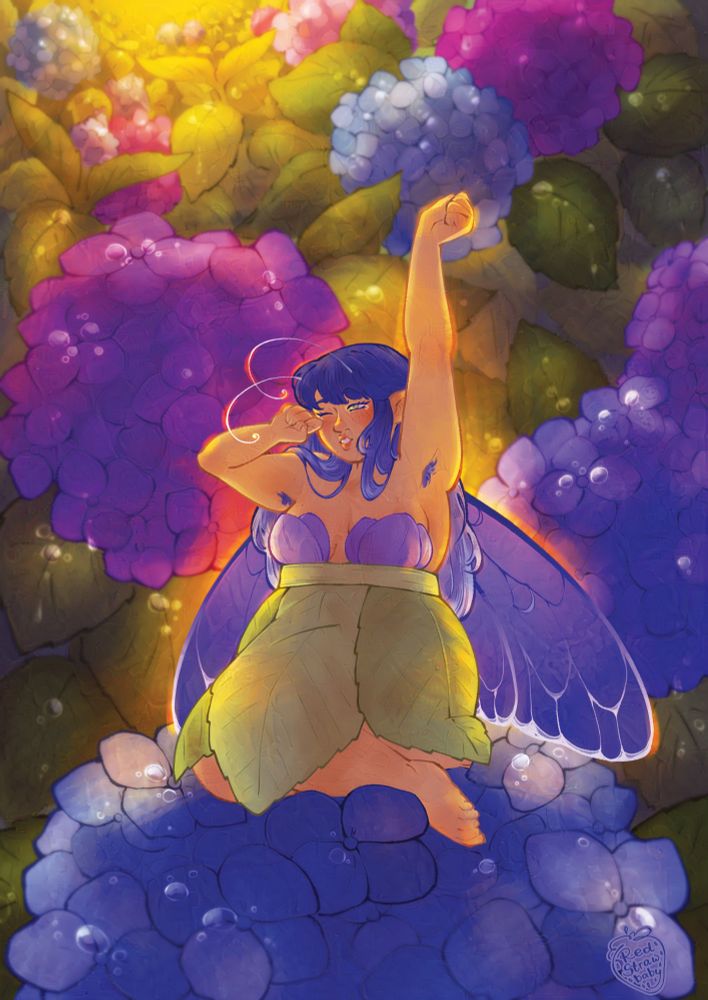 A digital illustration of a fat fairy with blue hair and blue wings sitting in a hydrangea garden on top of one flouwer bulb. She is stretching out one arm as the other she's wiping away a sleepy tear from here eye. Warm glow surrounds her and little dewdrops reflect the light all around.