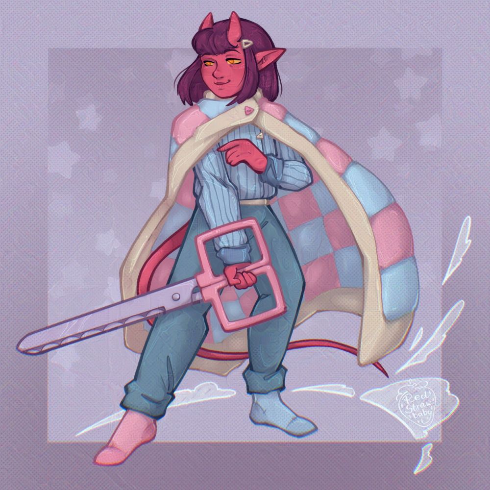 The same digital drawing, finished. The tiefling has pinkis red skin and dark purple pink hair, their clothing is shades of light blue and pink. They're wearing missmatched socks.
