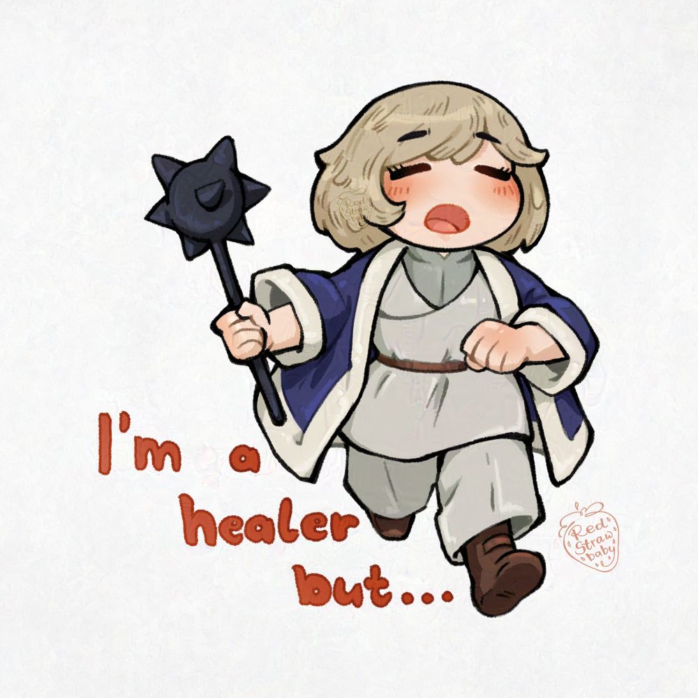 A digital chibi drawing of Falin from Delicious in Dungeon based on a frame from the anime. She's holding a mace and running towards us, she's blushing and looks breathless. The text under her reads "I'm a healer but..." referencing a popular anime meme.