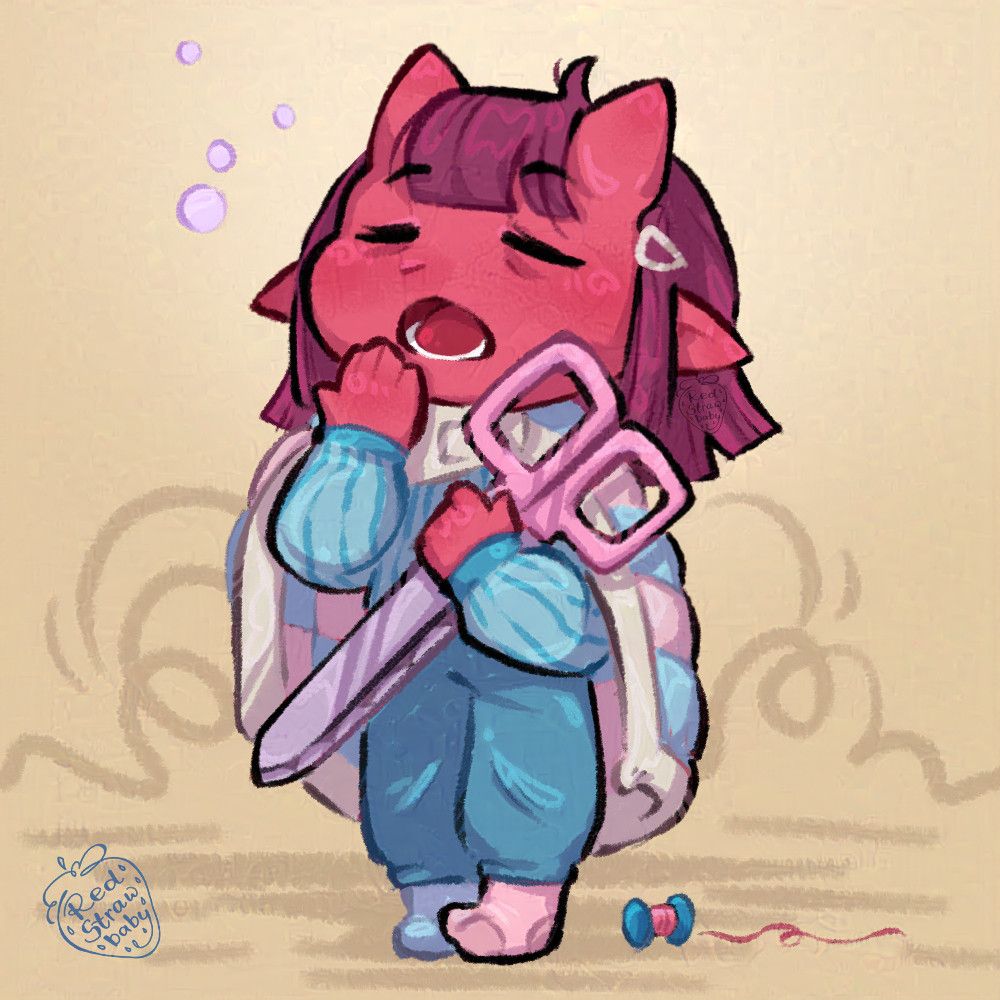 A digital chibi drawing of a red tiefling in handmade clothes resembling a douvet and pillows. They're holding a huge pink scissors and yawning.