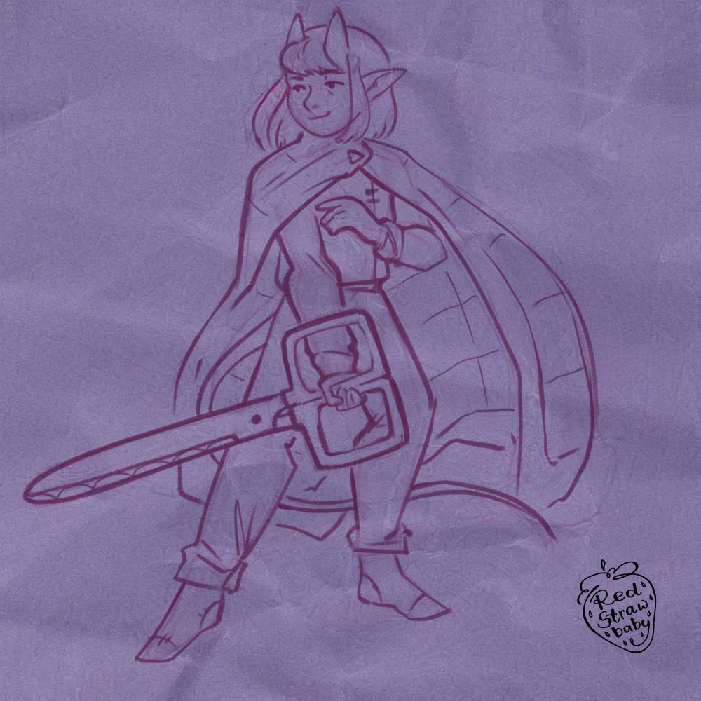 A loose digital sketch of a tiefling vielding an oversized scissors as a weapon with their cloak swishing around beind them.