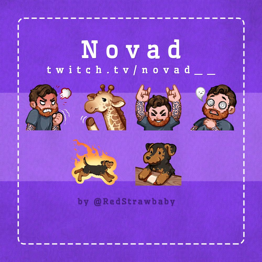 Several emotes over purple background, some emote illustrate a tattooed man, a giraffe and a fluffy dog. The emotes are: man shaking his fist in anger; a giraffe waving; man with both hands over his head doing hand horns; man laying down with his ghost leaving; fluffy dog running like a commet, on fire; fluffy dog in the bongo cat pose, his paws are over a sock.