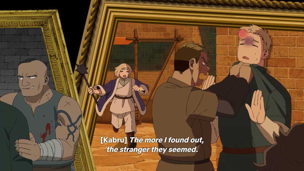 A screenshot from the Delicious in Dungeon anime. There are multiple picture frames in view, the one in the middle shows Laios being cornered in the front while Falin is running towards the bullies with a mace - this is the bit the previous drawing was based on.
The subtitles read [Kabru] The more I found out, the stranger they seemed.