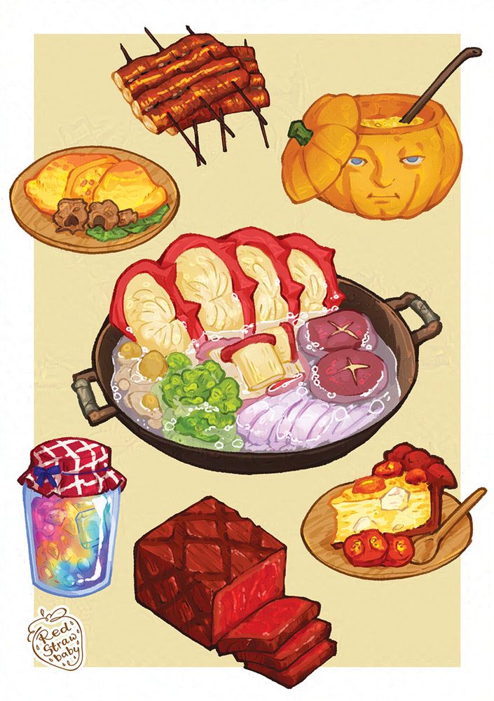 A digital illustration of various meals from the first half of the Delicious in Dungeon anime. The 7 meals are over yellow background: giant parasite grilled, jack-o-lantern potage, mandrake and basilisk omelette, huge scorpion and walking mushroom hotpot, exorcism sorbet, man-eating plant tart and the red dragon steak.