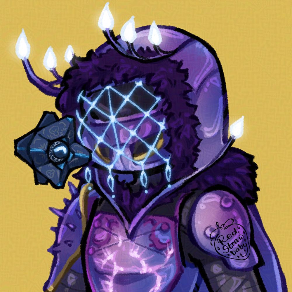 A digital drawing of a Destiny 2 hunter and their ghost. The hunter is wearing purple armour with pink and white glows and the ghost has the sugarskull ghostshell in dark blue.