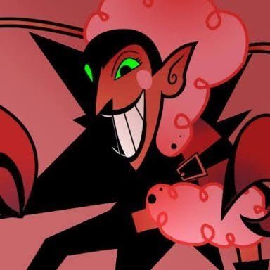 Picture of the character Him from Powerpuff Girls, his entire outfit is red and puffy like J-hopes and neon green eyes