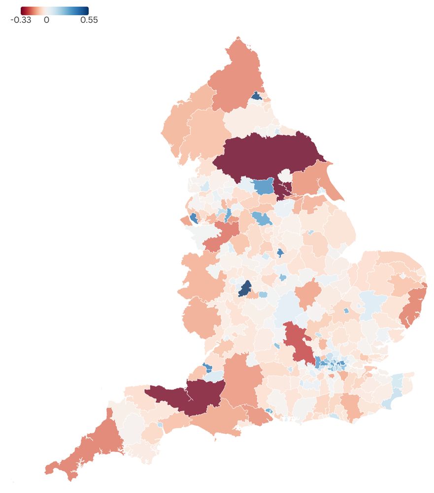 A map of English local authorities showing which of them would stand to gain or lose more MPs with the introduction of votes at 16 and automatic voter registration, compared with a boundary review under the current rules. 