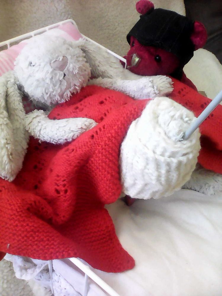 My stuffed white rabbit, Jelly, while visiting relatives.  He broke his leg which is in traction, while he rests in makeshift hospital bed.  He was attended to by Dr. Tiger.  Rasberry bear looks on.