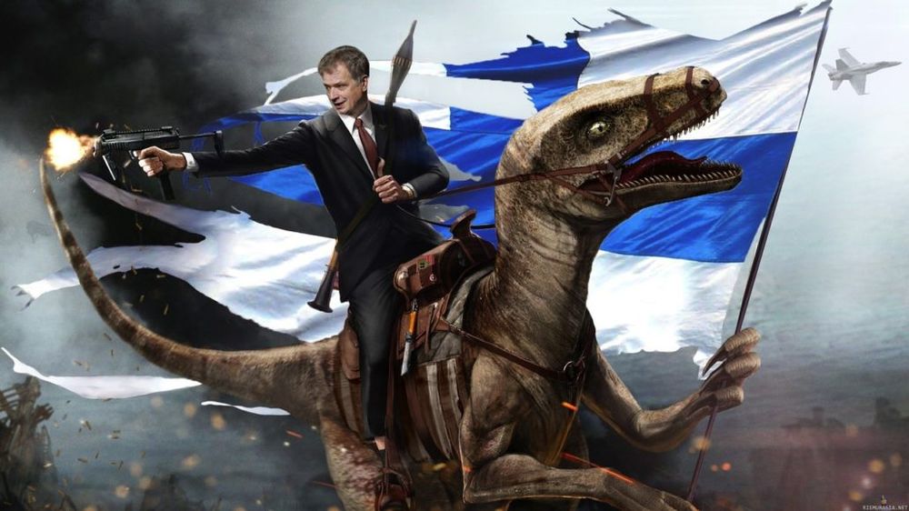 Sauli Niinstö, then-President of Finland, riding a velociraptor which is holding a Finnish flag. Sauli is carrying a shoulder fired SAM and is firing a machine gun.