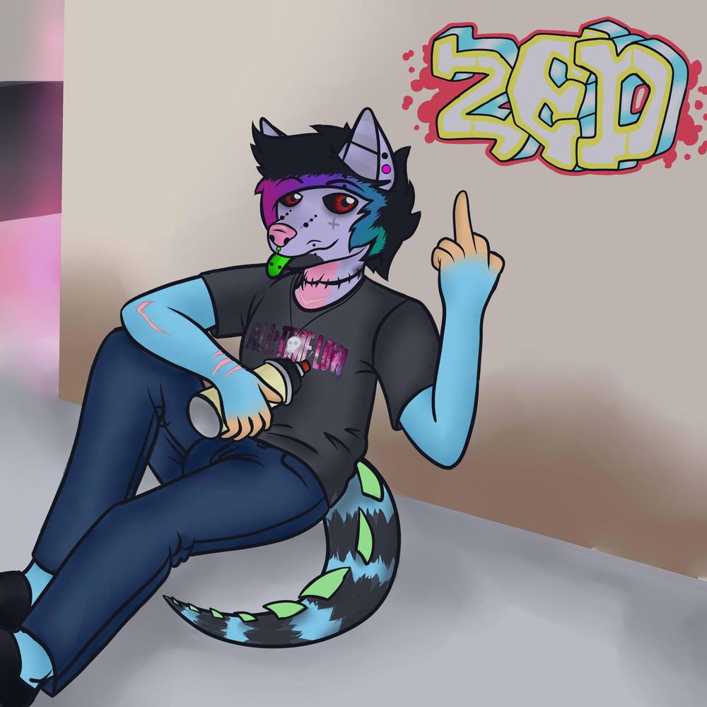 a sparkldog fursona sits in an alleyway, smirking at the camera and flipping off

On the wall behind him is graffiti of his name