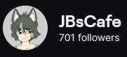 Screen crop of JBsCafe on Twitch showcasing 701 followers as of May 2nd, 2025.