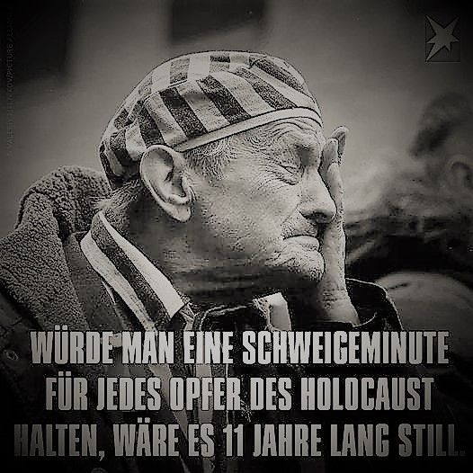 Ehemaliger Häftling eines KZ ist zu sehen, darunter steht" Würde man eine Schweigeminute für jedes Opfer, des Holocaust halten,wäre es 11 Jahre lang still."