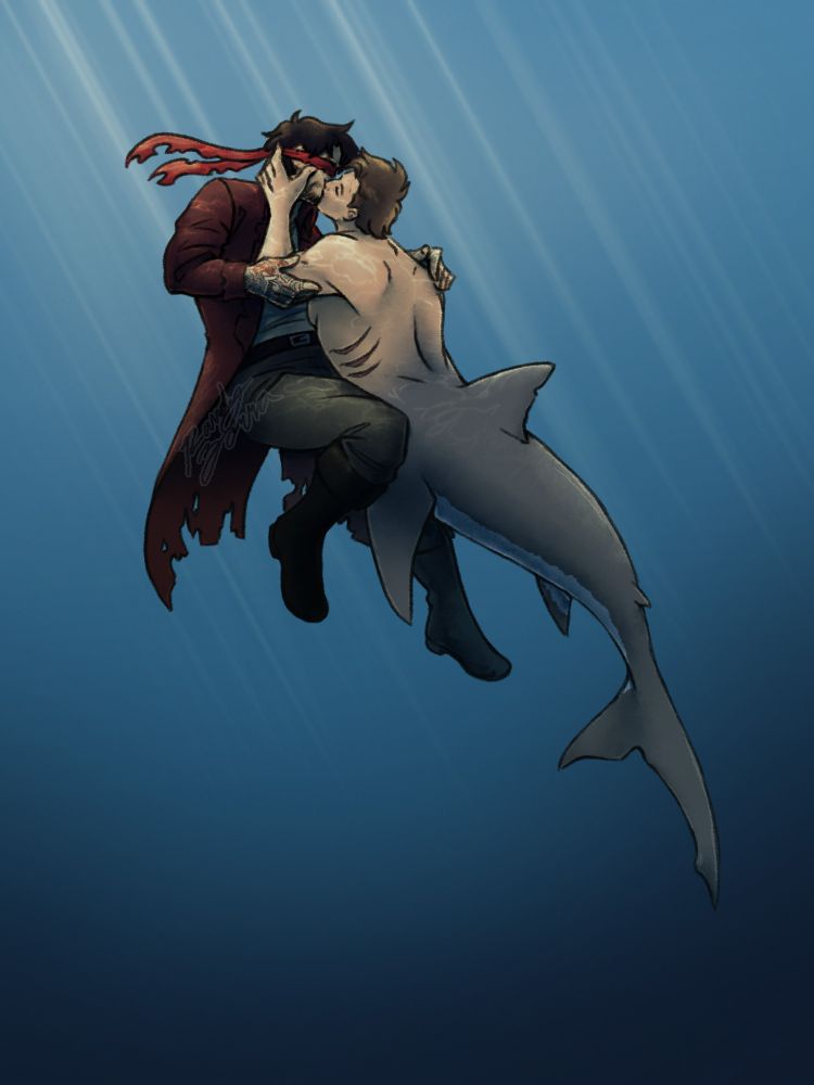 Kenshi and Johnny kissing underwater. Kenshi is dressed in a tattered pirate outfit while Johnny is a shark mermaid. There is light filtering in from the upper left.