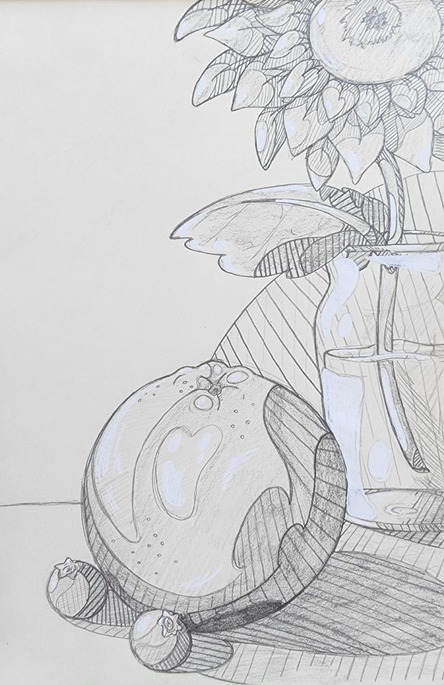 A graphite drawing of an orange, a few blueberries, and a sunflower in a jar.