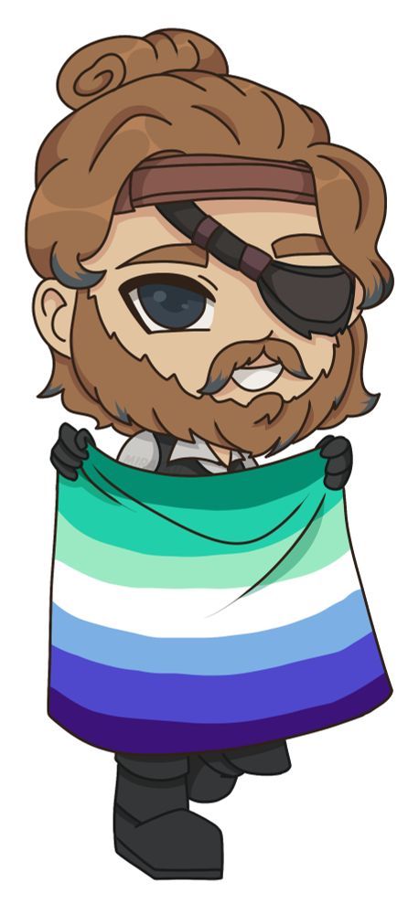 A brown haired pirate holding the blue gay pride flag
