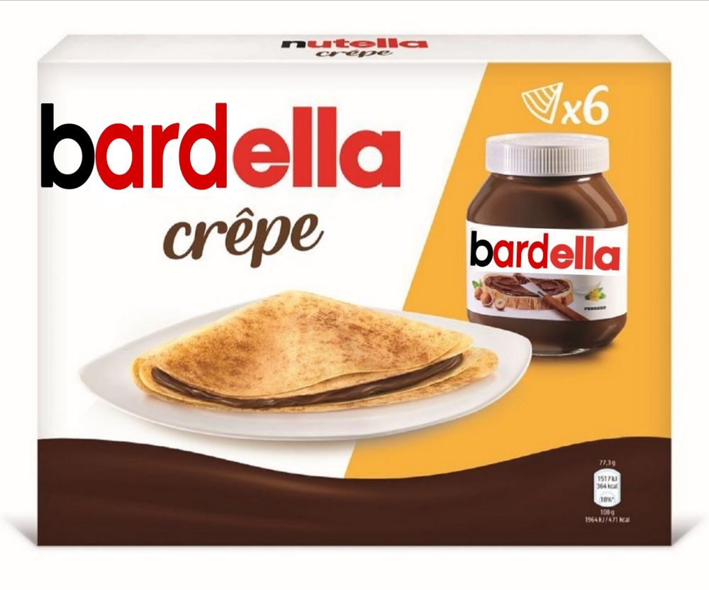 Une boîte de nutella crêpe où le logo de nutella a été - astucieusement si j'ose dire - transformé en logo bardella.