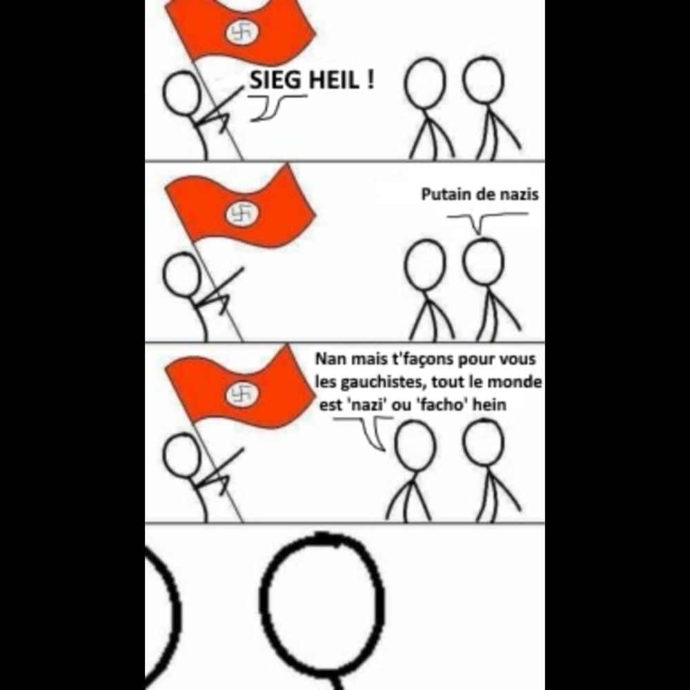 Un personnage defile le bras levé avec un drapeau nazi en criant "Sieg heil", un passant dit " Putain de nazis" et un autre lui repond"nan mais t'façon pour les gauchistes tout le monde est nazi ou facho hein"