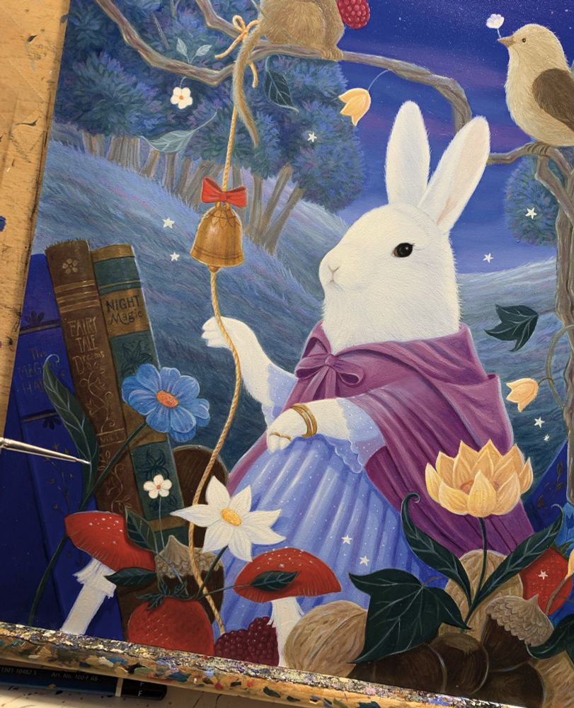 Magical bunny in a flower filled forest at night