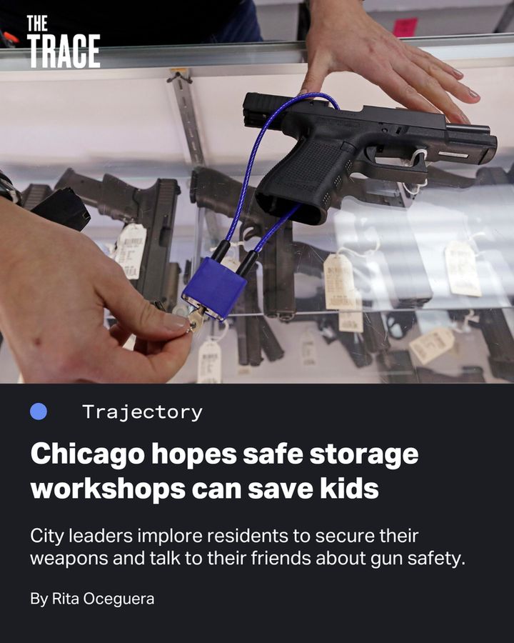 Image: Person using a gun lock on a gun
Text: Chicago hopes safe storage workshops can save kids. City leaders implore residents to secure their weapons and talk to their friends about gun safety. By Rita Oceguera