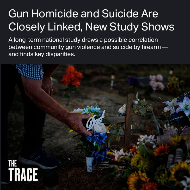 Gun Homicide and Suicide Are Closely Linked, New Study Shows
A long-term national study draws a possible correlation between community gun violence and suicide by firearm — and finds key disparities.
Image: A man adjusts a bouquet with a decoration reading "Dad" at a grave