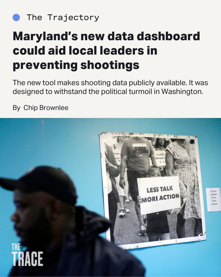 Text: Maryland's new data dashboard could aid local leaders in preventing shootings
The new tool makes shooting data publicly available. It was designed to withstand the political turmoil in Washington. By Chip Brownlee
Image: Man in a gallery passing by a black-and-white image of a child holding a sign that reads Less Talk More Action