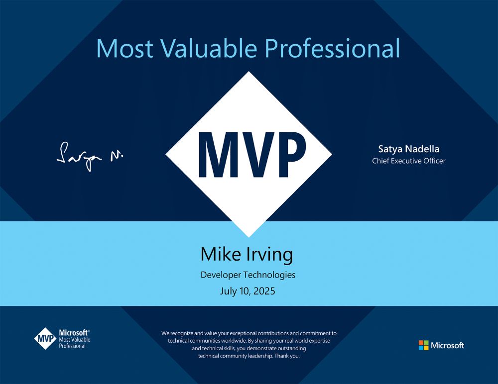 Mike Irving - MVP Award Certificate