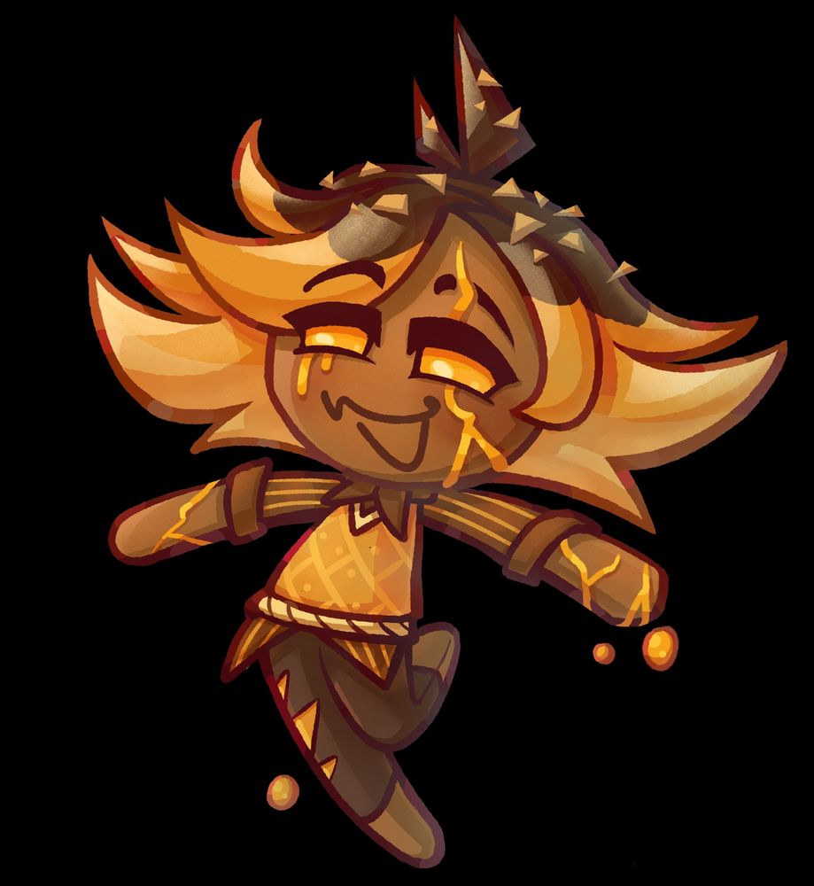 A cookie run oc. Their color scheme is shades of brown and orange. They have a sweater vest, striped button up and torn pants. They have bright cracks on their face and arms. Their hair is spikey orange with the top of their hair being dark brown with light brown to resemble a chocolate coating with nuts on top.