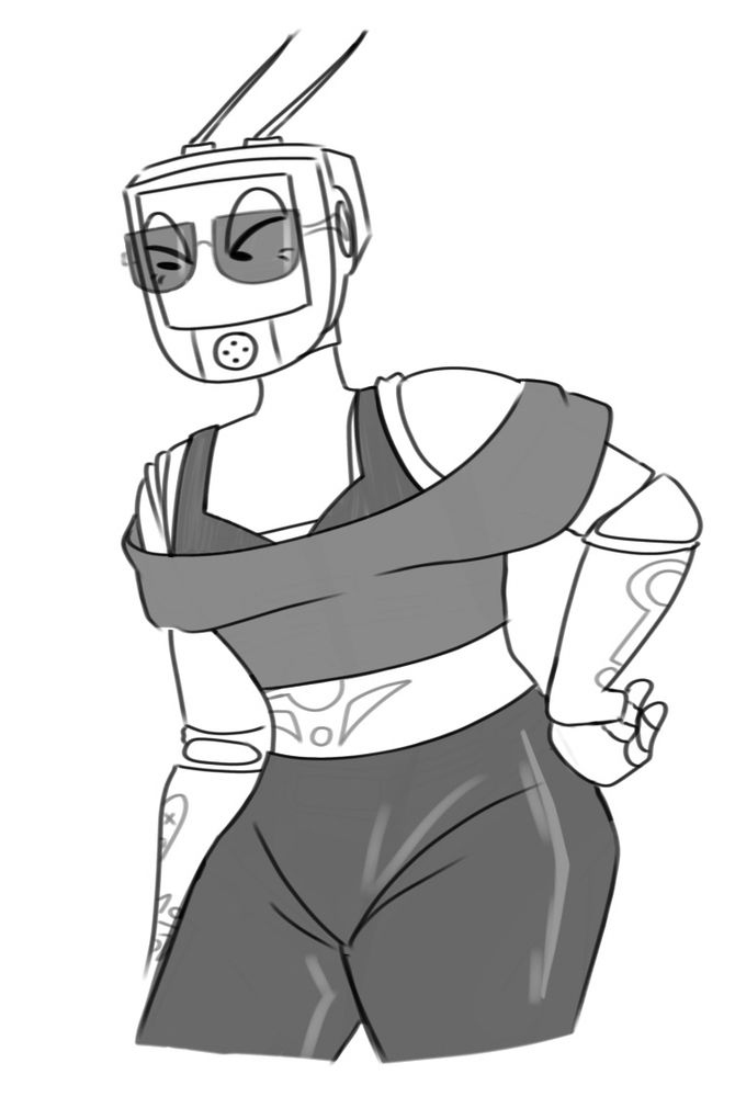 A drawing of my OC, Valdine. She is wearing glasses, along with an off shoulder over shirt and a black undershirt. She is also wearing latex pants. Her body is lined with tattoos on her stomach and arms. 