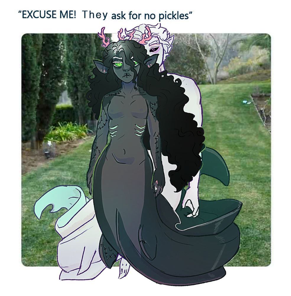 the "EXCUSE ME! they ask for no pickles" meme but instead Beyoncé and Jay-Z it's 2 merpeople