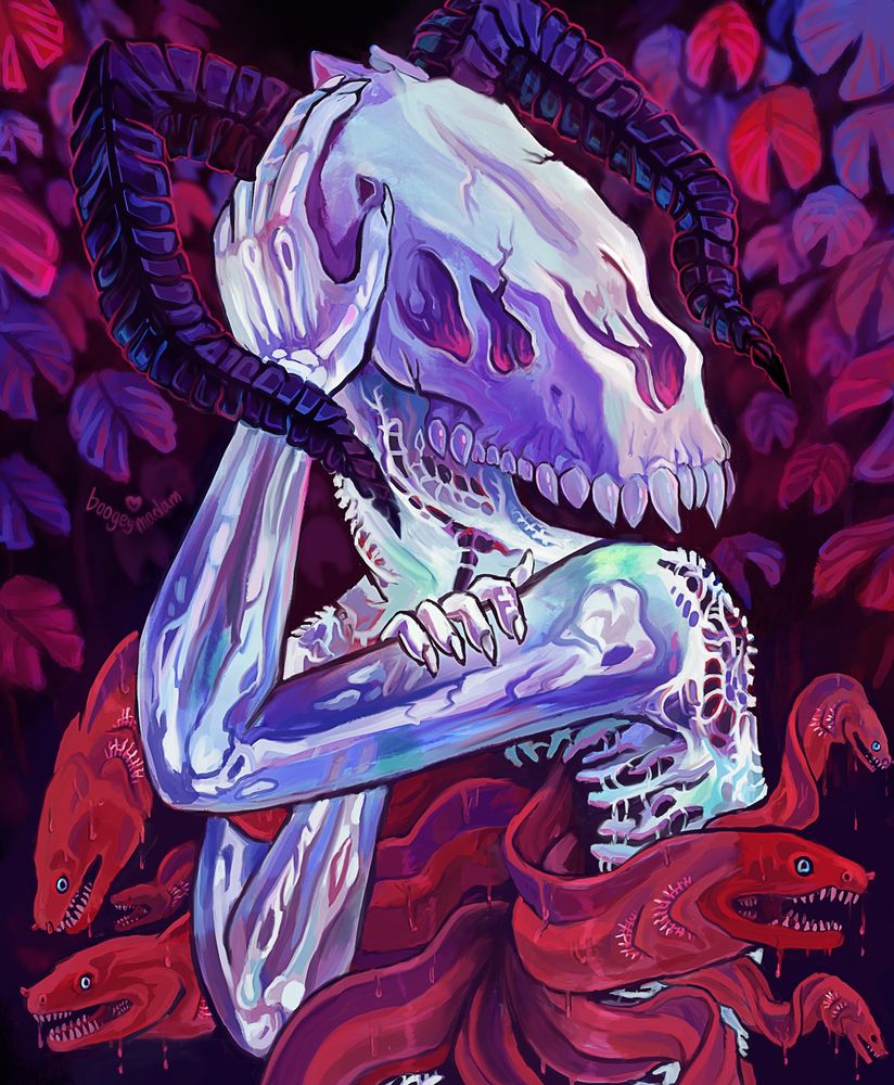 an illustration of a humanoid creature that is apparently the artist with a monstrous bone head, black horns and skin that is both missing and translucent. dripping red eels wriggle from the creature's open ribcage. red and purple lily pads surround the creature, making up the background.