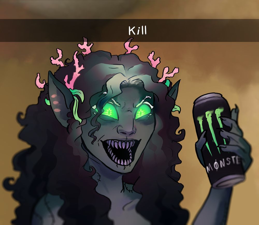 the monster energy kill meme but it's a green-eyed memraid with sharp teeth and coral in her hair