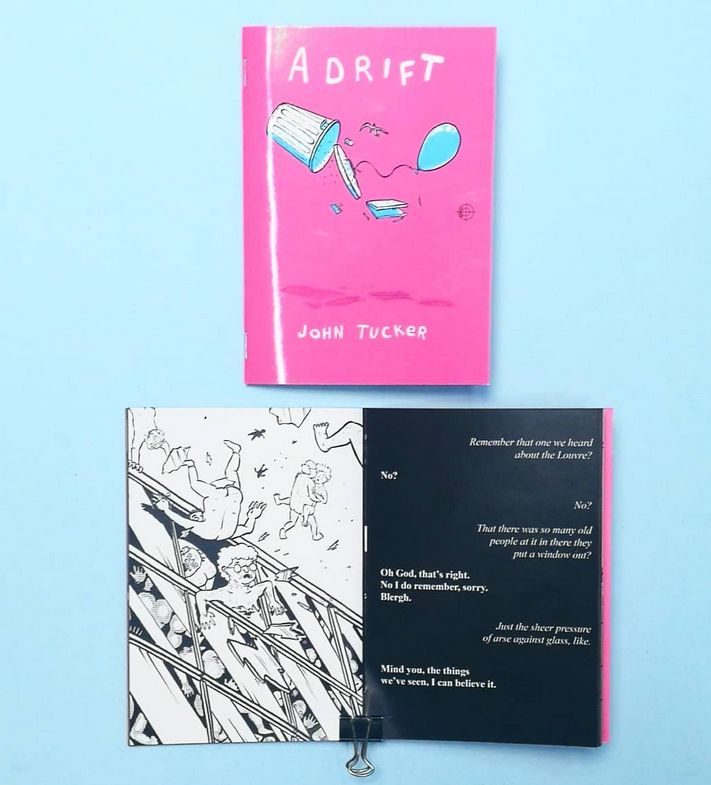 spread of a zine by john tucker called Adrift. the cover is pink with an illustration of a floating garbage can and balloon on it. inside is an illustration of a bunch of people floating out of a broken window