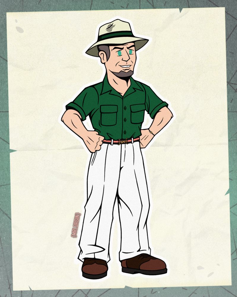 A antagonistic character reminiscent of golden age to early silver age pulp adventures wearing a tropical getup. Consisting of a green 1940s leisure shirt, a pair of white high-waisted trousers, brown saddle shoes, a "snake" belt, and a Panama hat.