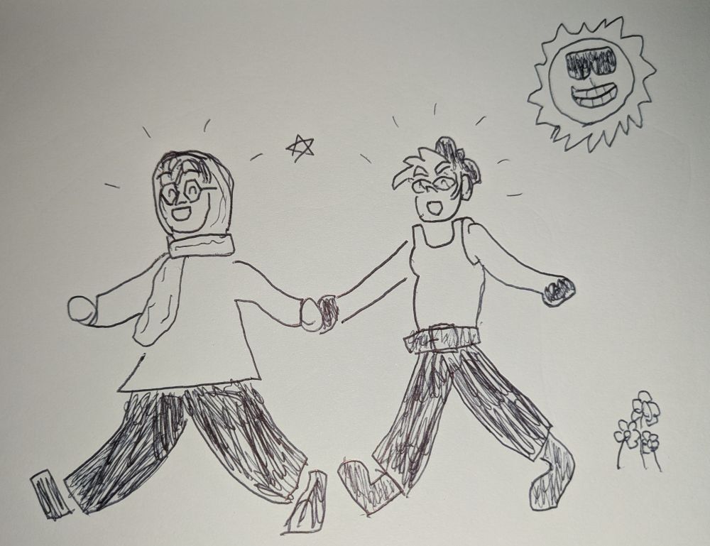 Two women holding hands, legs and arms outstretched.
On the left: Nishma Mauranyan, my OC.
On the right: Shooty Mullet, Bubby Darkstar's OC