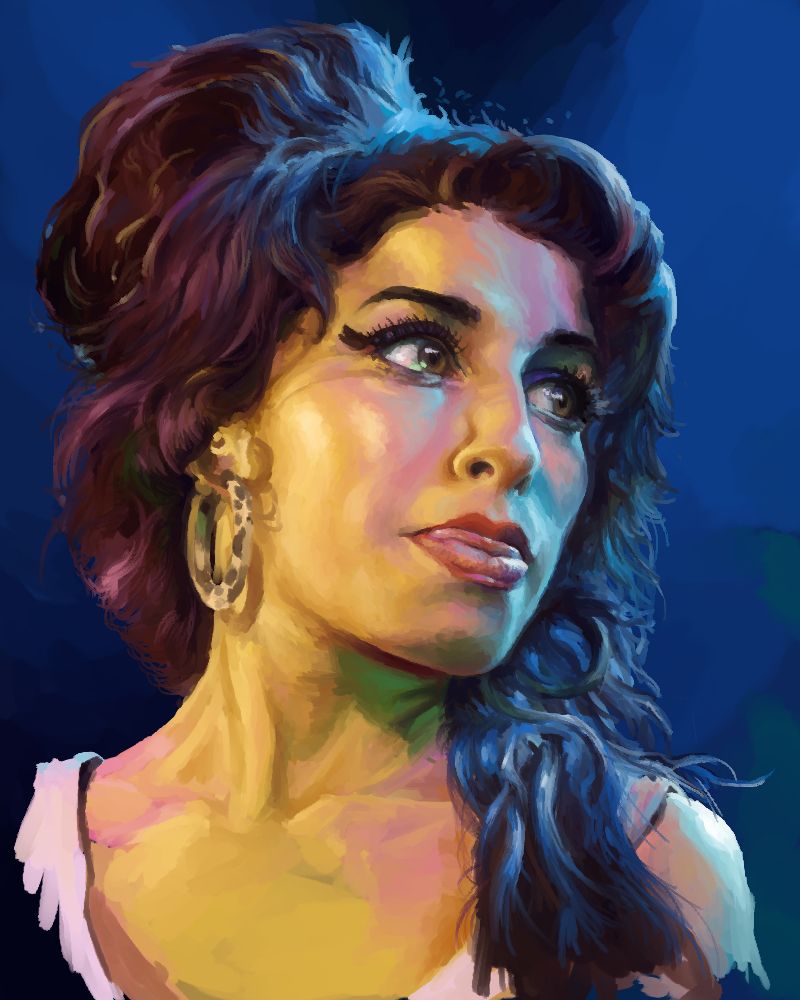 A digital portrait of Amy Winehouse, sticking her tongue out slightly, standing in a blue colorscape, illuminated by warm stage lights.