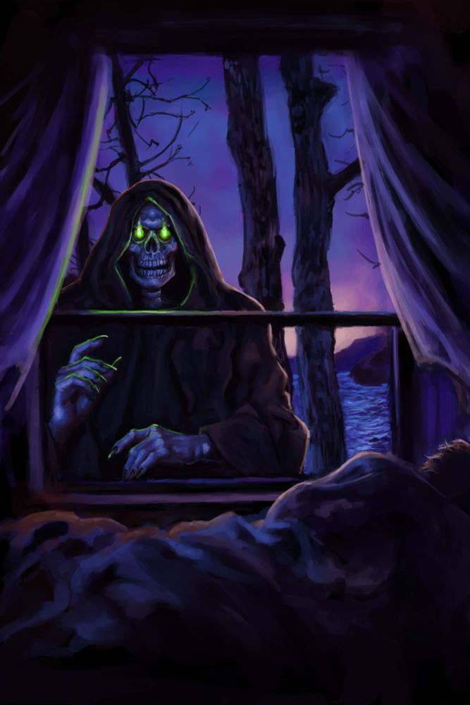 A digital painting of a cloaked, skeletal figure standing outside someone's bedroom window. We see some trees, a lake and a sunset sky in the distance. A sleeping person lies in the foreground, wrapped in a sheet.