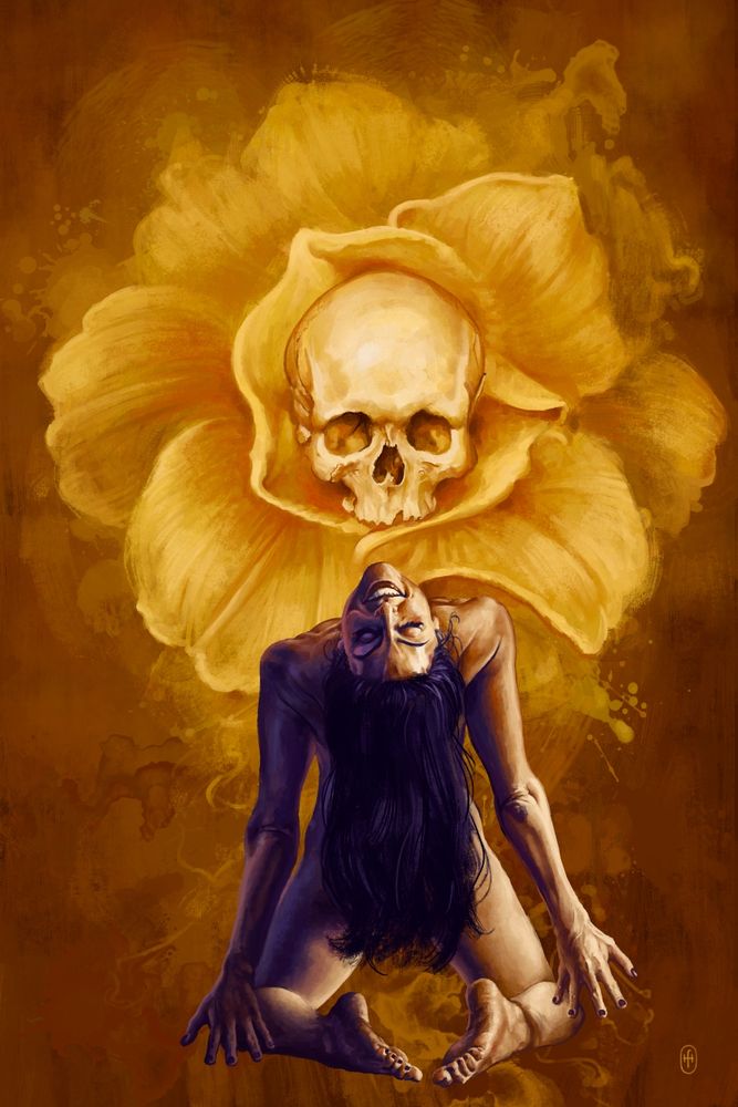 A digital painting of a naked woman kneeling before a gigantic honey-colored flower with a skull in the center. The woman is rendered in shades of purple and red, her head cast back, eyes closed and lips smiling. Her long black hair is flowing down, covering her butt. Her arms are stretched behind her, bent slightly at the elbow