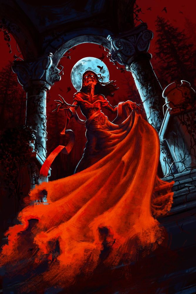 A digital painting made entirely in vivid red and pale blue colours, depicting a skeletal, undead woman draped in a flowing red dress. She stands atop a set of stairs, her bony hand extended toward the viewer, with a look of wrath upon her face. The pale moon frames her head like a halo.