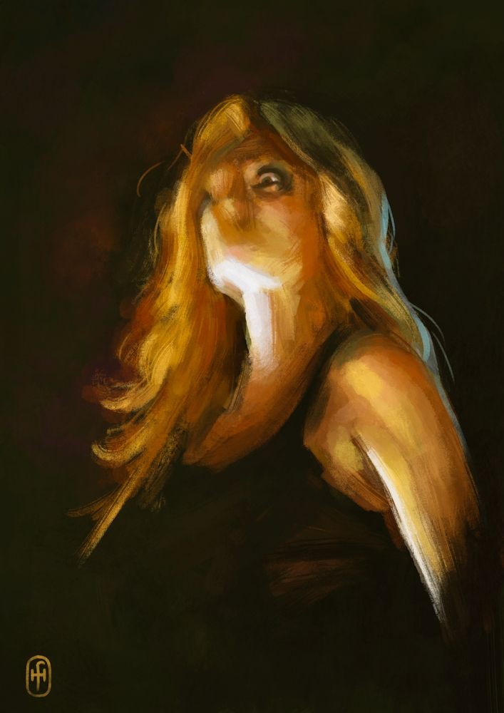 A digital painting of Angela Gossow from the band Arch Enemy. She is depicted in warm, golden and rusty green hues against a dark yet warm background. Most of her features are roughly defined, except her left eye, which is eerily in focus