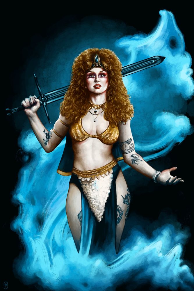 A digital painting of Riley Pinkerton, aka The Rat Queen, from the band Castle Rat. She is standing in a dark void, shrouded by a gigantic blue flame. She has a long sword resting on her shoulder, her other arm extended palm up. Her long tangled ginger hair cascades over her shoulders, and her fantasy armor of questionable protective value glitters and shines.